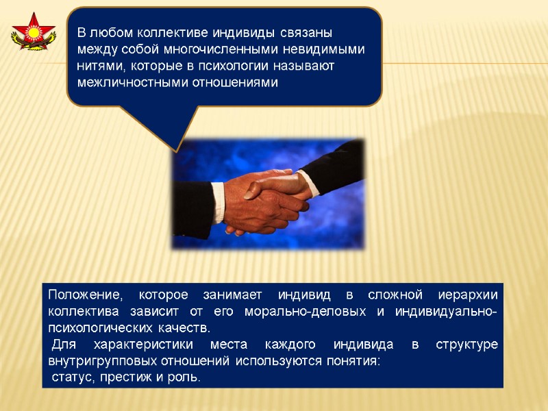 Положение, которое занимает индивид в сложной иерархии коллектива зависит от его морально-деловых и индивидуально-психологических